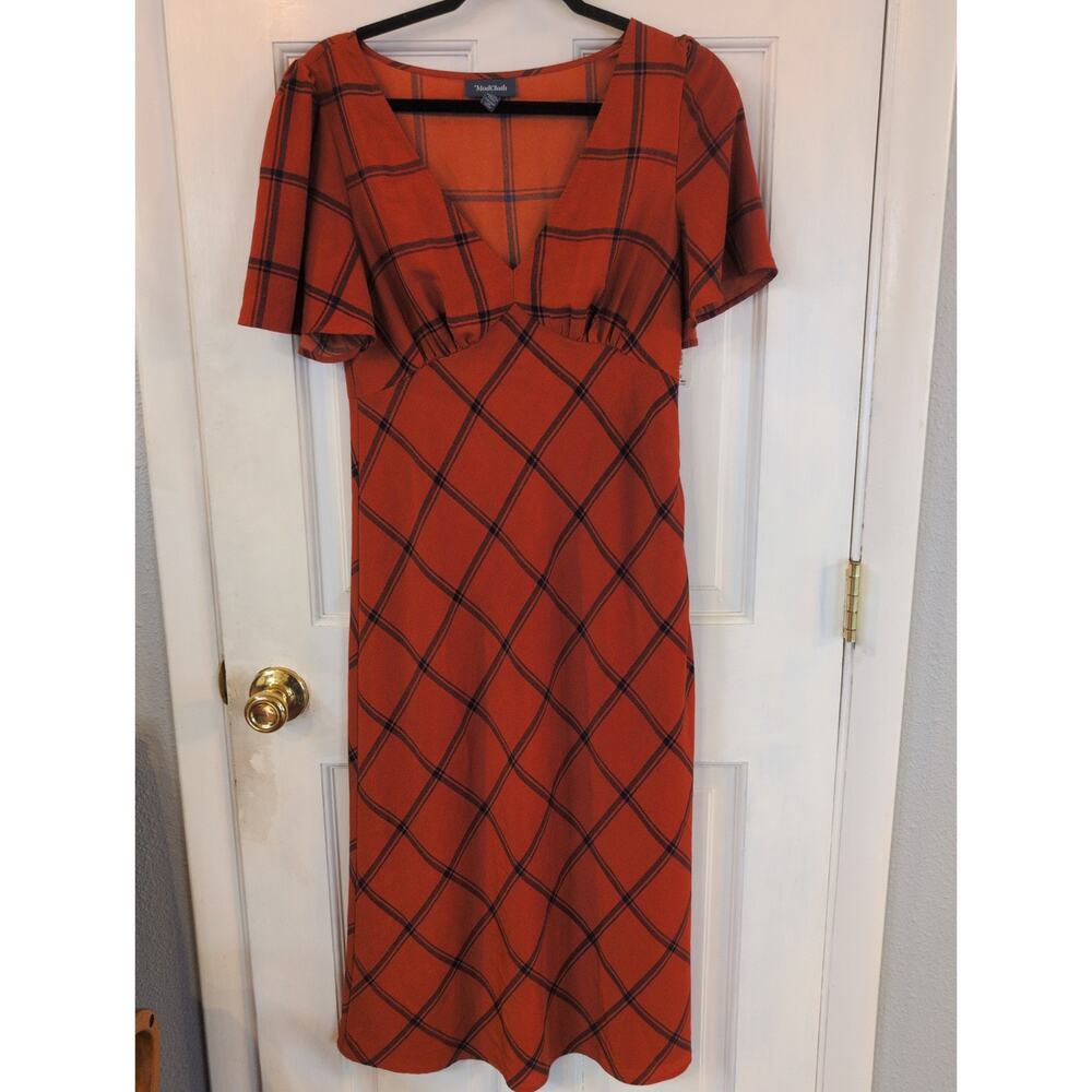 ModCloth Rust Orange Plaid Empire Waist Midi Dress Size Small Fall Cottagecore